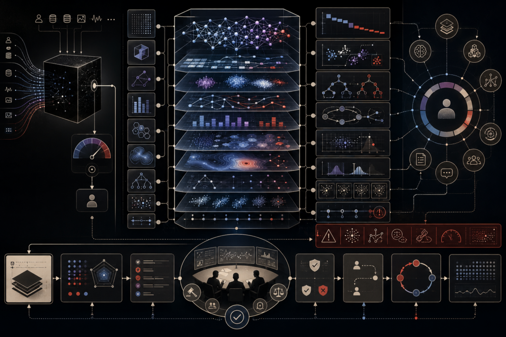 Abstract visualization of explainable AI revealing hidden model pathways, feature attribution, surrogate explanations, counterfactual reasoning, causal explanation, uncertainty review, explanation stability, human oversight, contestability, audit trails, and accountable decision systems.