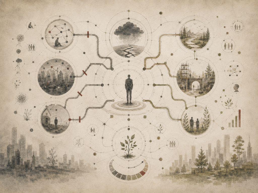 Restrained academic illustration of a central figure, storm event, branching interpretive pathways, blocked routes, regrowth, social connection, and cognitive reappraisal diagrams representing explanatory style and optimism.