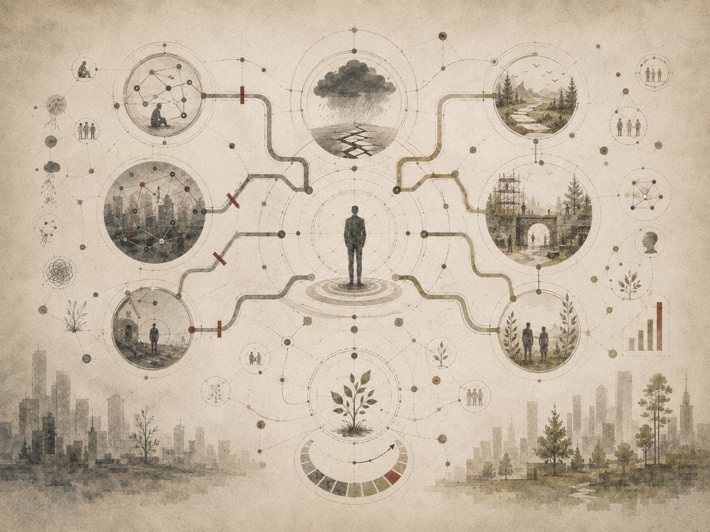 Restrained academic illustration of a central figure, storm event, branching interpretive pathways, blocked routes, regrowth, social connection, and cognitive reappraisal diagrams representing explanatory style and optimism.