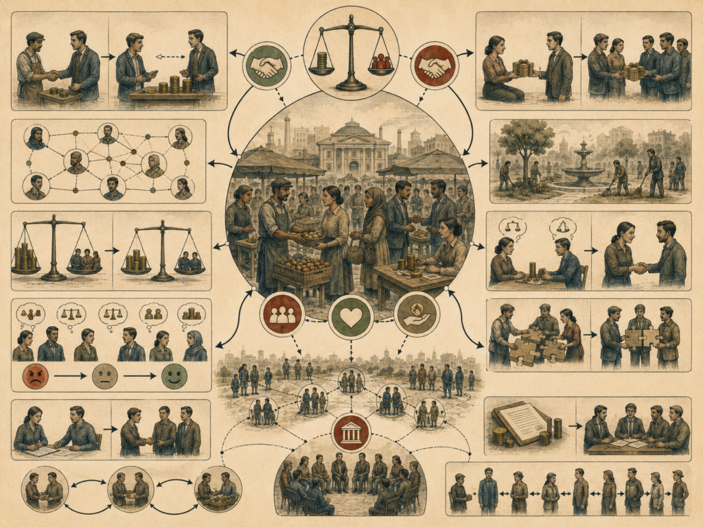 Editorial systems illustration showing fairness and reciprocity in economic behavior through exchange, trust, cooperation, bargaining, social networks, shared norms, and institutional coordination.