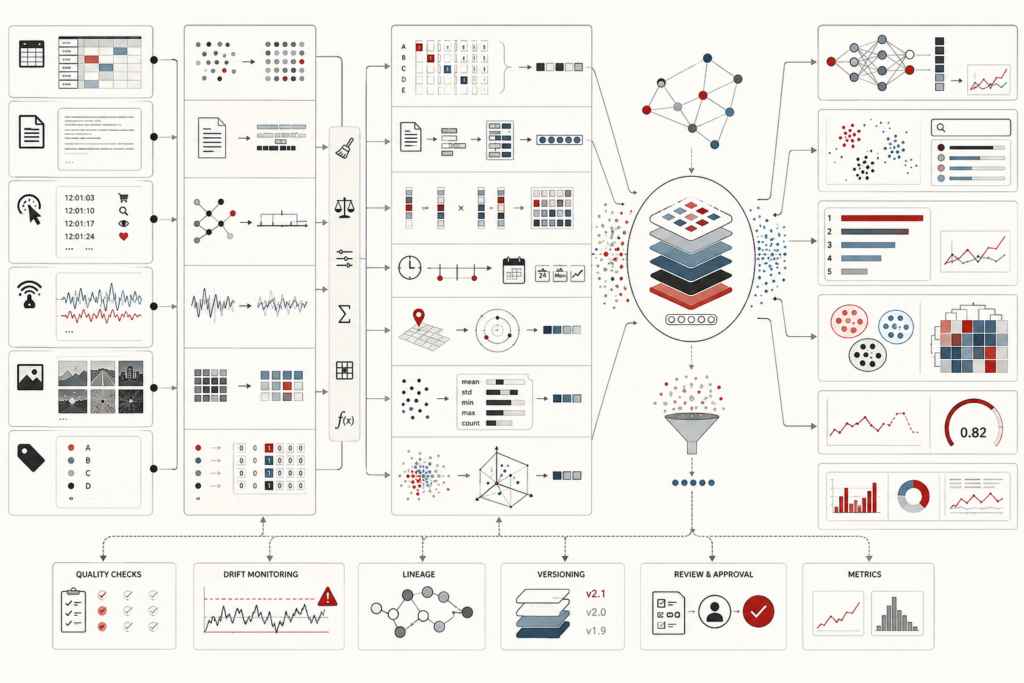 Conceptual machine-learning illustration showing raw data transformed into encoded features, embeddings, engineered variables, representation layers, model inputs, evaluation metrics, and governance checks.