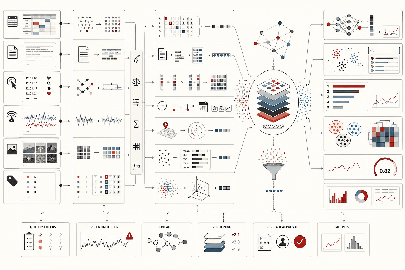 Conceptual machine-learning illustration showing raw data transformed into encoded features, embeddings, engineered variables, representation layers, model inputs, evaluation metrics, and governance checks.