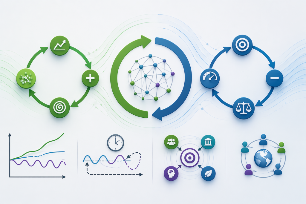 Minimal abstract illustration of feedback loops in complex systems with green and blue circular arrows, connected node networks, oscillation charts, and symbolic system icons on a pale background.