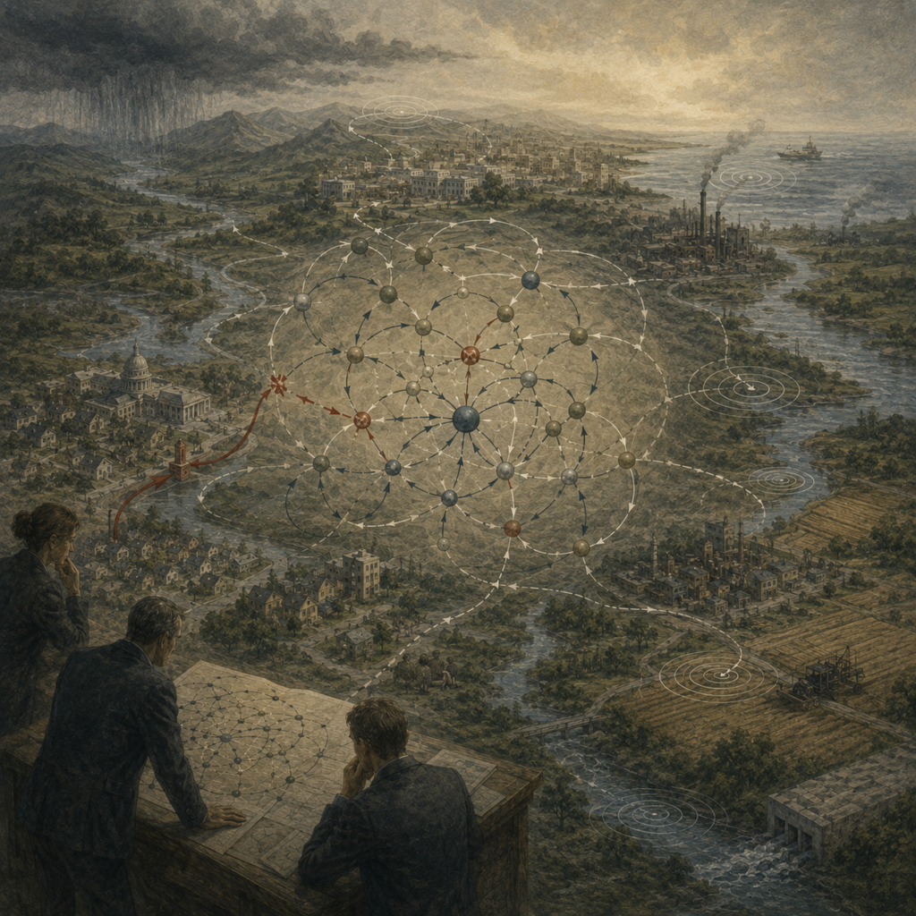 Painterly editorial illustration of feedback loops, delays, and policy resistance with analysts studying a complex landscape of institutions, infrastructure, rivers, industry, farms, and circular causal networks.