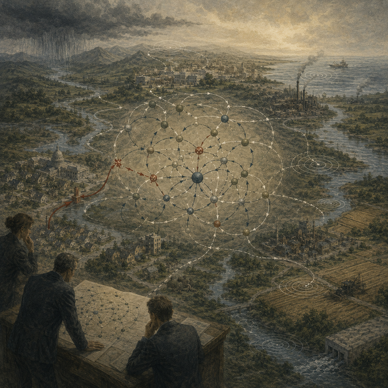 Painterly editorial illustration of feedback loops, delays, and policy resistance with analysts studying a complex landscape of institutions, infrastructure, rivers, industry, farms, and circular causal networks.