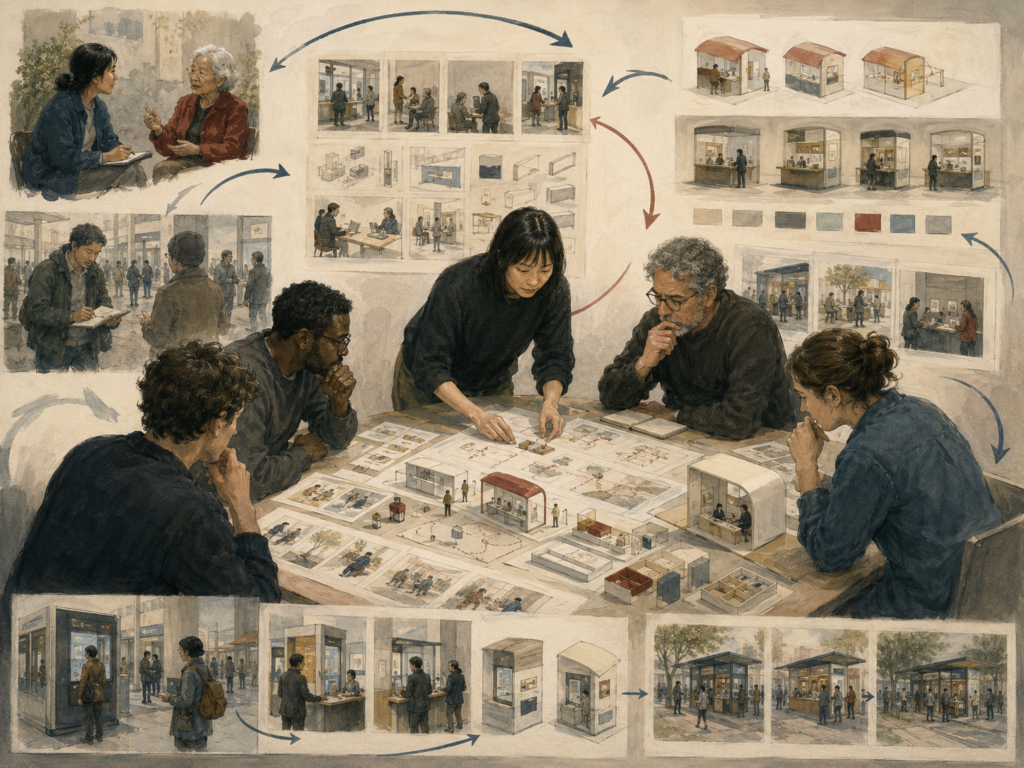 Designers and researchers review user feedback, prototype variations, service scenes, and iterative improvement pathways around a collaborative design table.