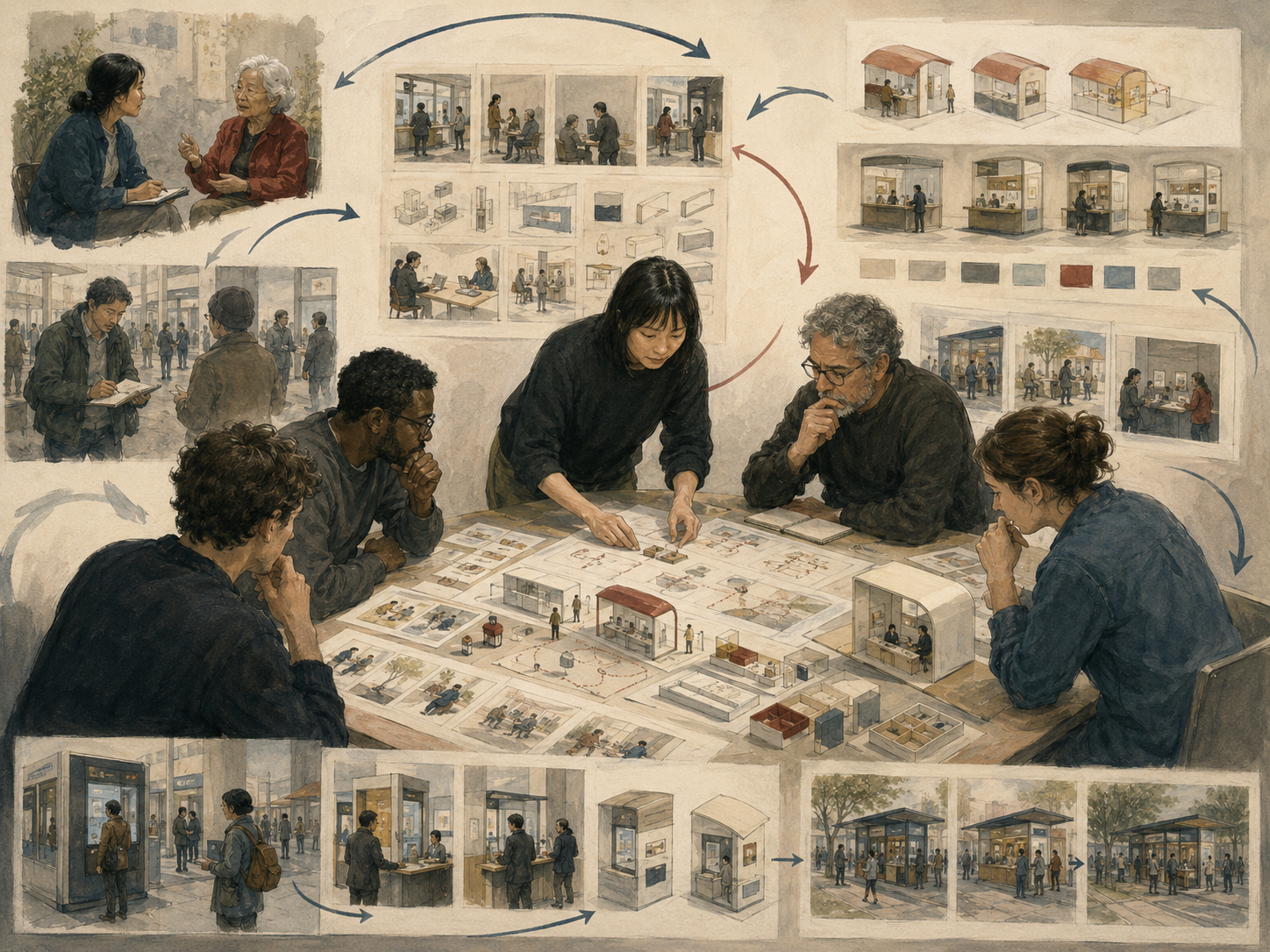 Designers and researchers review user feedback, prototype variations, service scenes, and iterative improvement pathways around a collaborative design table.