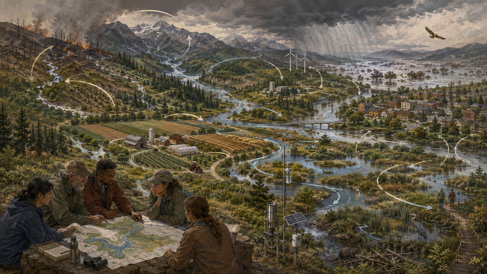 Panoramic ecological systems illustration of a mountain watershed, wetlands, farms, town, storm clouds, restoration workers, monitoring equipment, and curved feedback pathways.