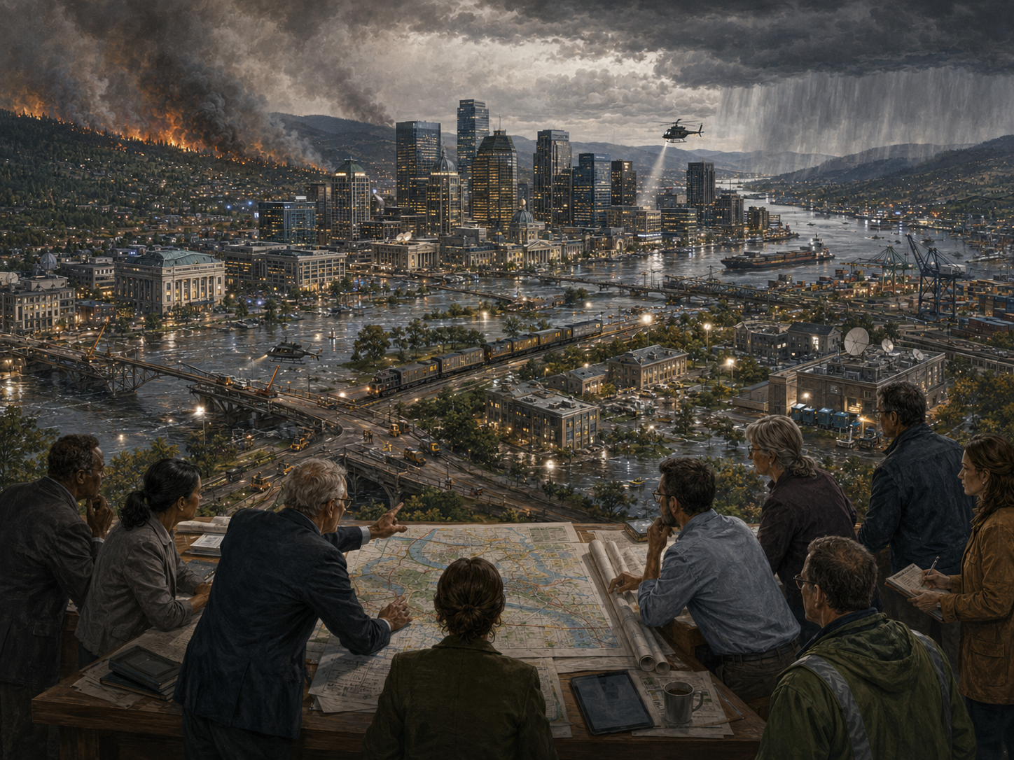 Panoramic illustration of a storm-stressed financial district, flooded infrastructure, ports, rail lines, wildfire, emergency coordination, and planners reviewing system risk maps.