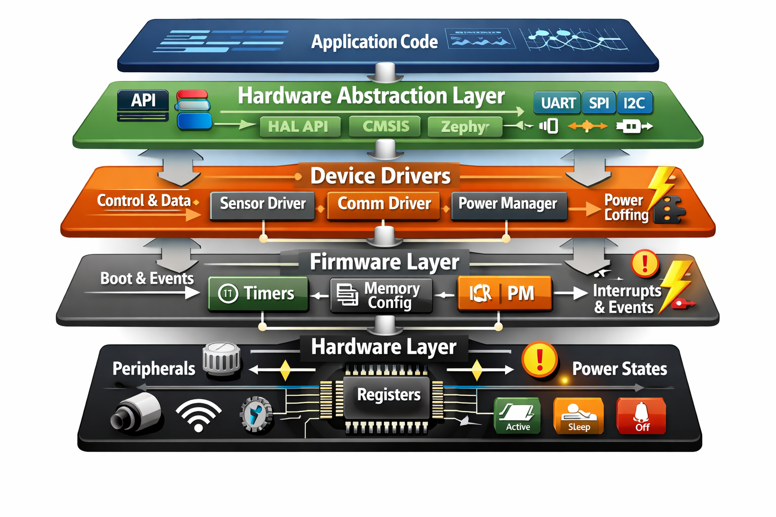 Conceptual illustration of firmware, hardware abstraction, and device control showing layered embedded software with application code, HAL, device drivers, firmware, hardware registers, peripherals, interrupts, and power states.