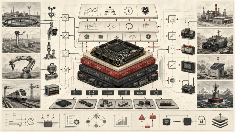 Institutional systems-research illustration of firmware and hardware abstraction in embedded systems, showing a layered control stack connecting a microcontroller board to sensors, buses, drivers, actuators, and field devices.