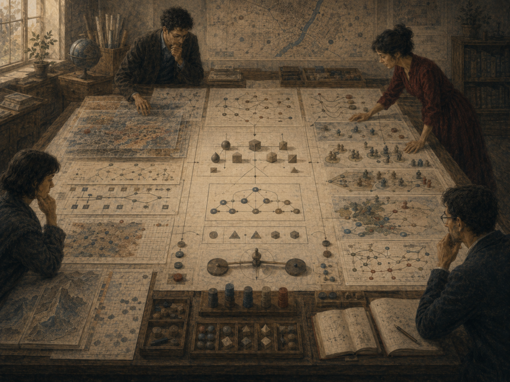 Strategists study layered maps, root-cause diagrams, elemental building blocks, trade-off tokens, and reconstructed pathways on a large planning table.