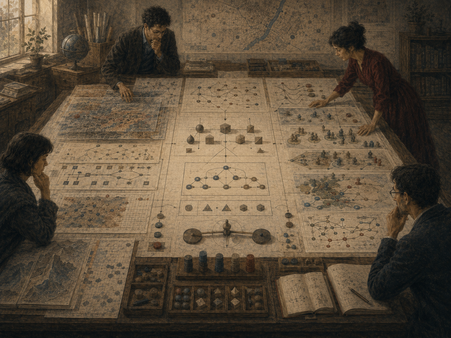 Strategists study layered maps, root-cause diagrams, elemental building blocks, trade-off tokens, and reconstructed pathways on a large planning table.