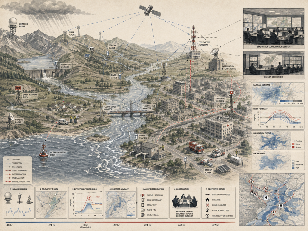 Flood and disaster early warning infrastructure diagram showing radar, rain gauges, river gauges, telemetry, forecasting, warning beacons, emergency coordination, evacuation routes, and protective action systems.