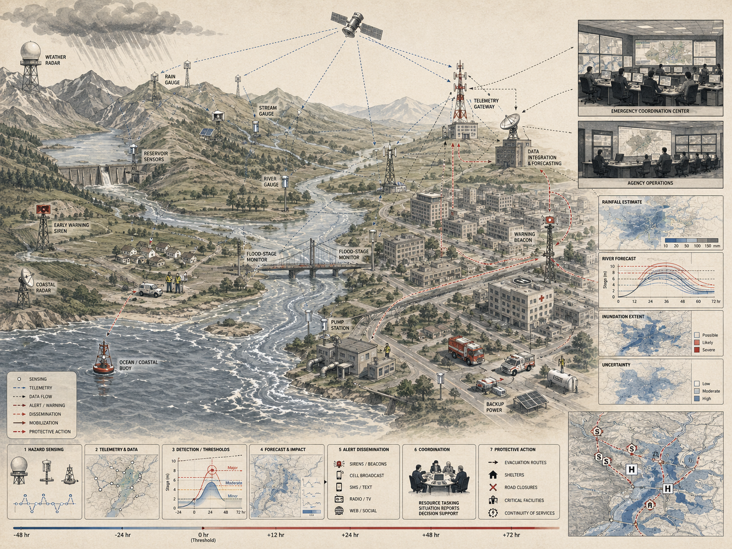 Flood and disaster early warning infrastructure diagram showing radar, rain gauges, river gauges, telemetry, forecasting, warning beacons, emergency coordination, evacuation routes, and protective action systems.