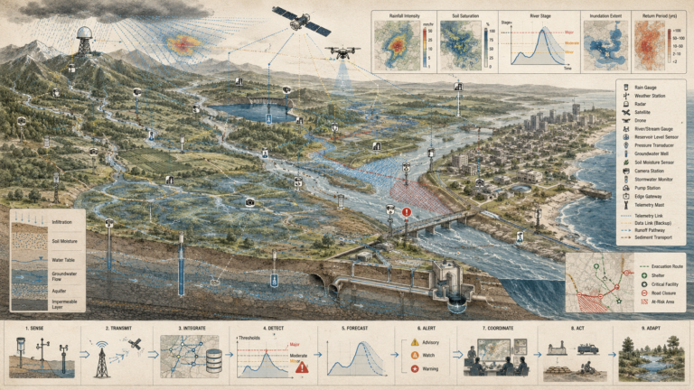 Flood monitoring systems diagram showing rainfall radar, river gauges, reservoir sensors, groundwater wells, soil moisture, inundation maps, telemetry links, alerts, and coordinated flood response.