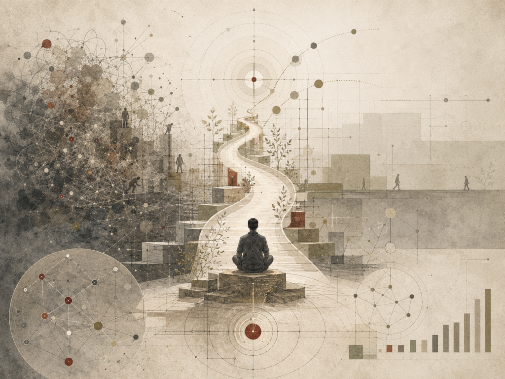 Restrained academic illustration of a seated figure facing a central flow pathway between chaotic complexity and under-stimulating flatness, with skill, attention, feedback, and mastery diagrams.
