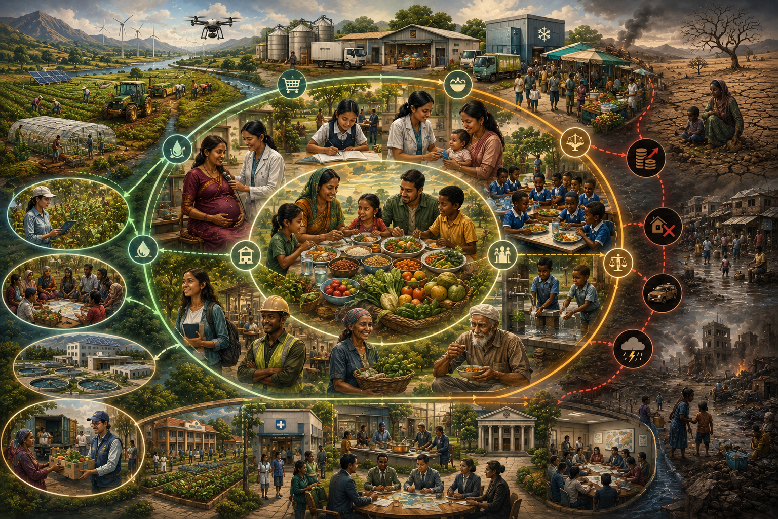 Editorial sustainability illustration showing food security, nutrition, and human development through healthy meals, farms, markets, water systems, schools, clinics, public institutions, food access, affordability, resilience, and climate-related food-system stress.