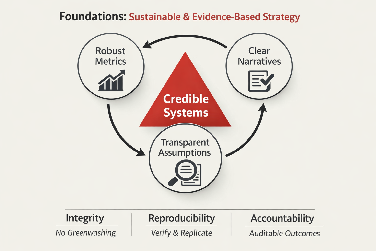 Diagram showing the foundations of Sustainable Catalyst: credible systems built through robust metrics, clear narratives, and transparent assumptions, with integrity, reproducibility, and accountability as core principles.