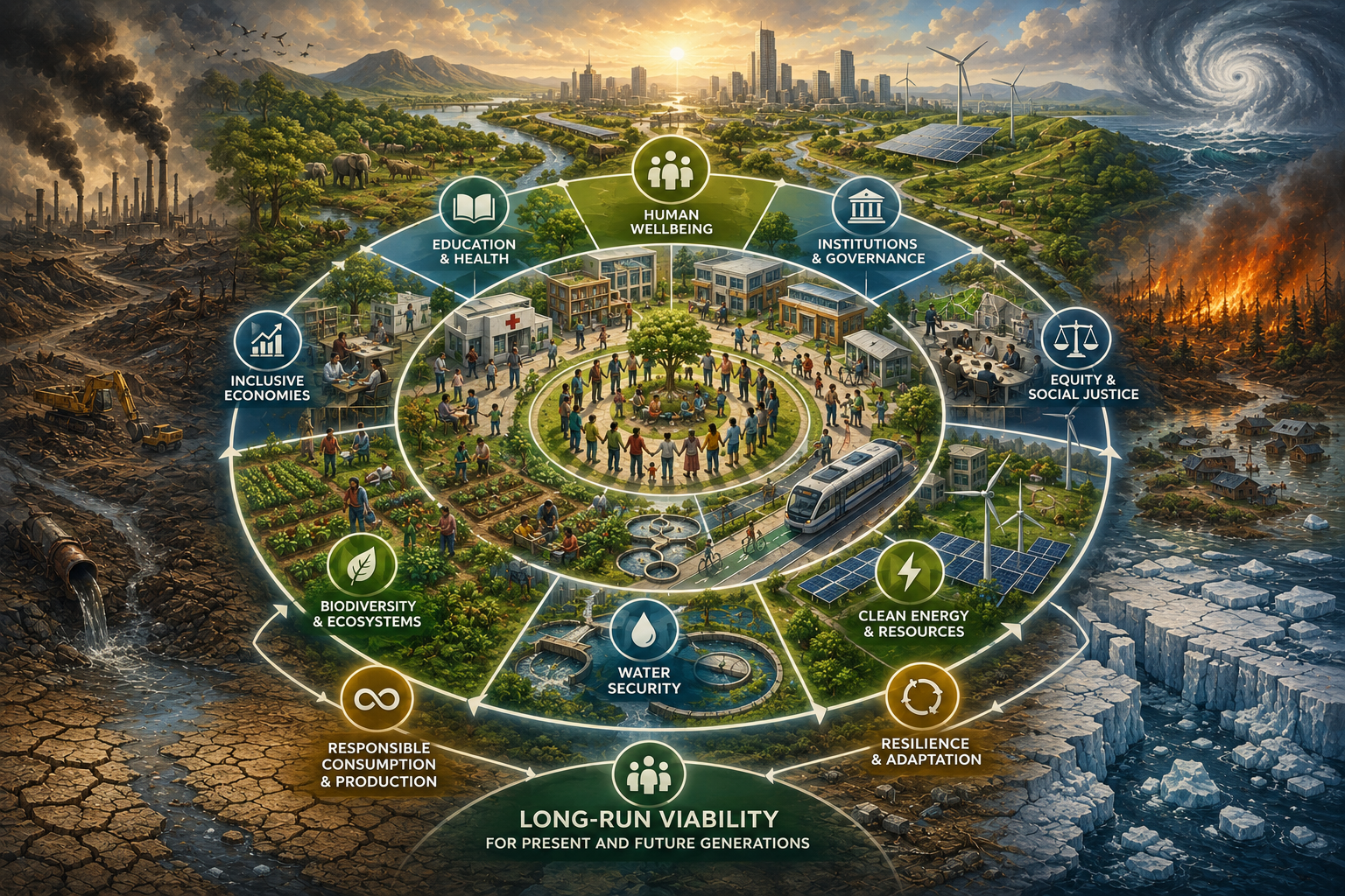 Conceptual illustration of sustainable development as an interconnected systems framework linking human wellbeing, inclusive economies, education and health, institutions and governance, ecosystems, water security, clean energy, resilience, and long-run viability.