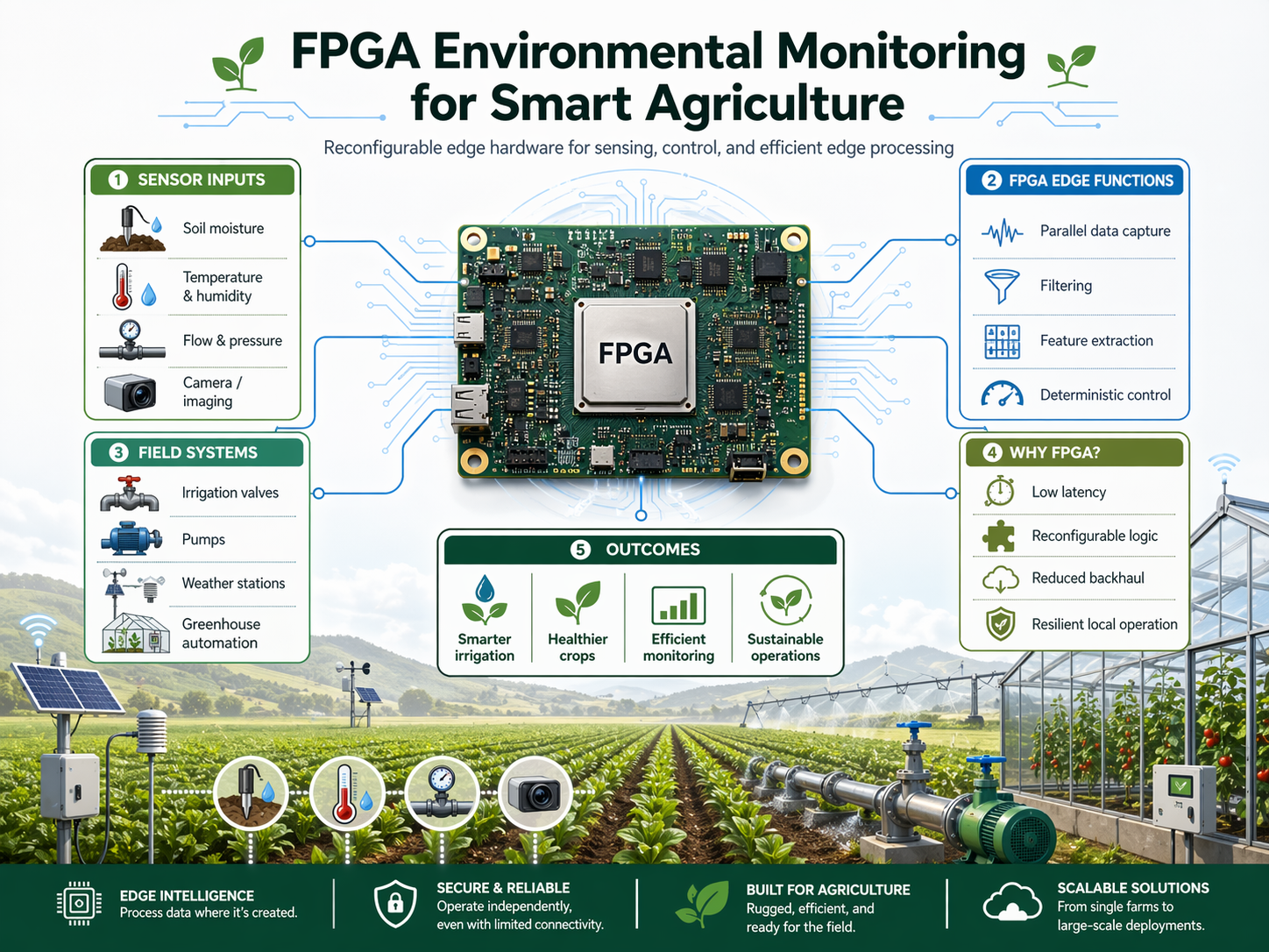 Infographic showing an FPGA board at the center of a smart agriculture system connected to sensor inputs, field systems, edge functions, and sustainability outcomes across a farm and greenhouse landscape.