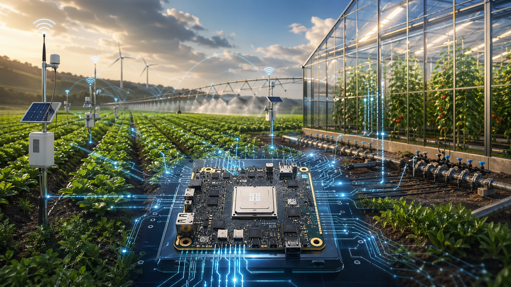 Smart agriculture scene with an FPGA board in the foreground connected visually to field sensors, irrigation infrastructure, solar-powered monitoring stations, and a greenhouse, representing reconfigurable edge hardware for environmental monitoring.