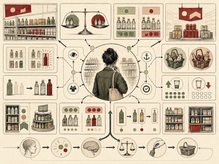 Editorial systems illustration showing framing effects in consumer choice through product placement, visual emphasis, comparison sets, pricing cues, attention, anchors, labels, and shopping decisions.