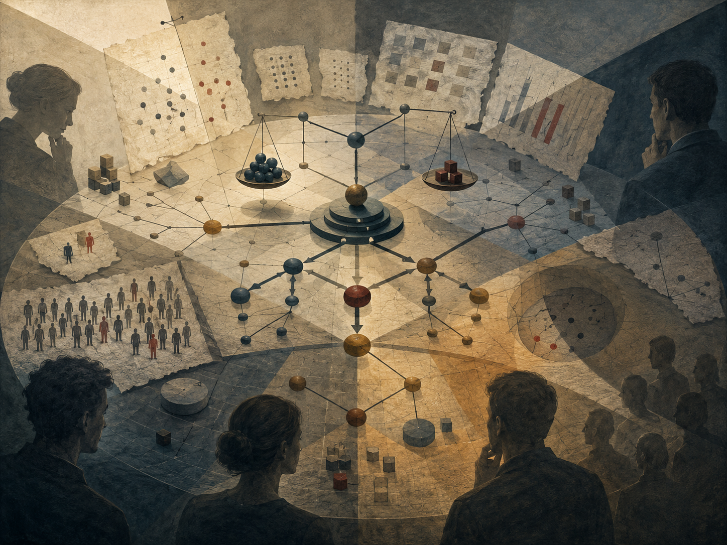 Painterly editorial illustration of framing effects with an abstract decision structure, layered evidence surfaces, shifting light, weighted nodes, tradeoff forms, social silhouettes, and multiple perspectives around the same problem.