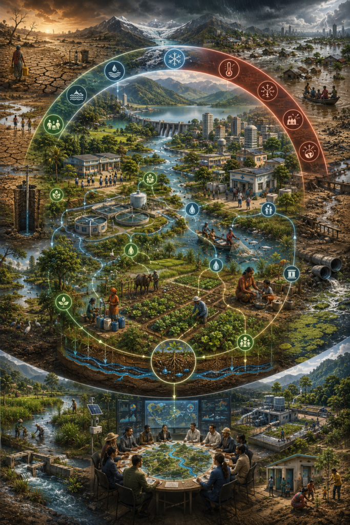 Abstract sustainability illustration of freshwater change and development risk, showing blue water, green water, hydrological instability, water quality, sanitation, food systems, freshwater ecosystems, planetary boundaries, governance, and unequal exposure.
