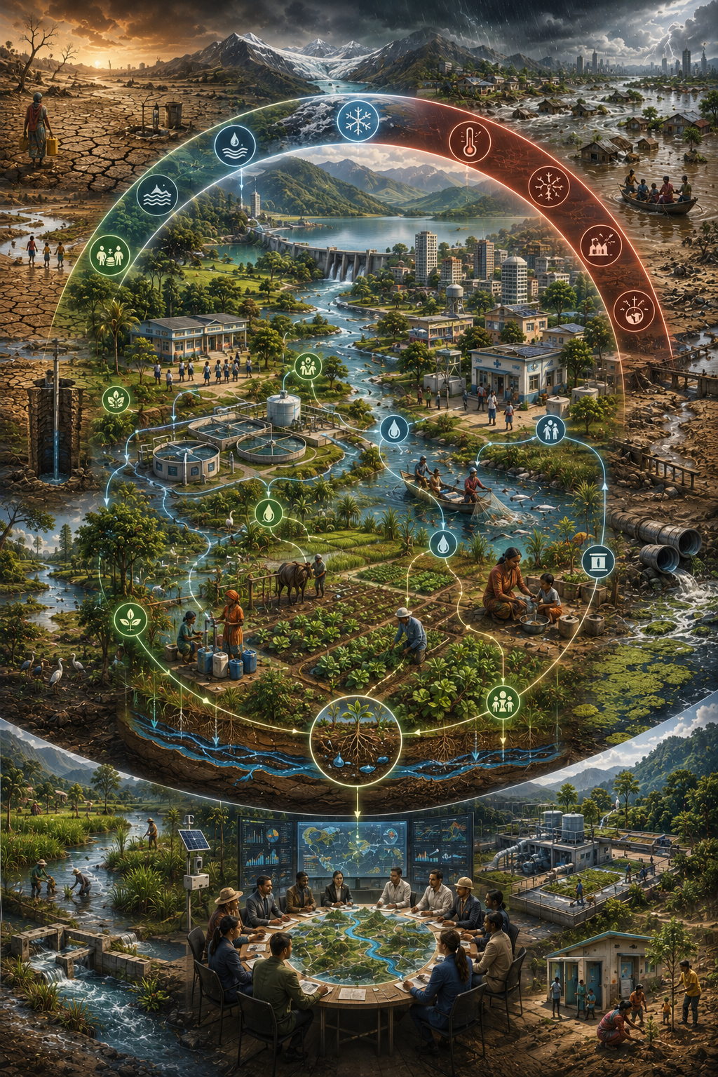 Abstract sustainability illustration of freshwater change and development risk, showing blue water, green water, hydrological instability, water quality, sanitation, food systems, freshwater ecosystems, planetary boundaries, governance, and unequal exposure.