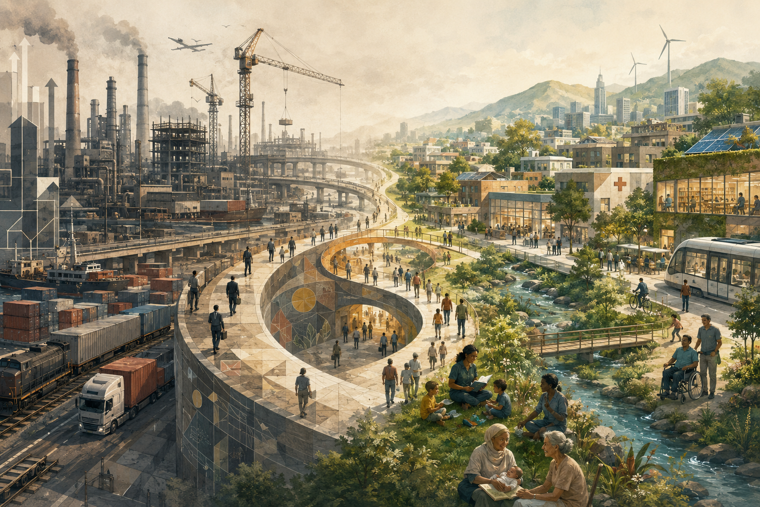 Editorial illustration of the shift from economic growth to human development, showing industrial output, infrastructure, public health, education, community wellbeing, ecological restoration, capability, freedom, and long-run human flourishing.