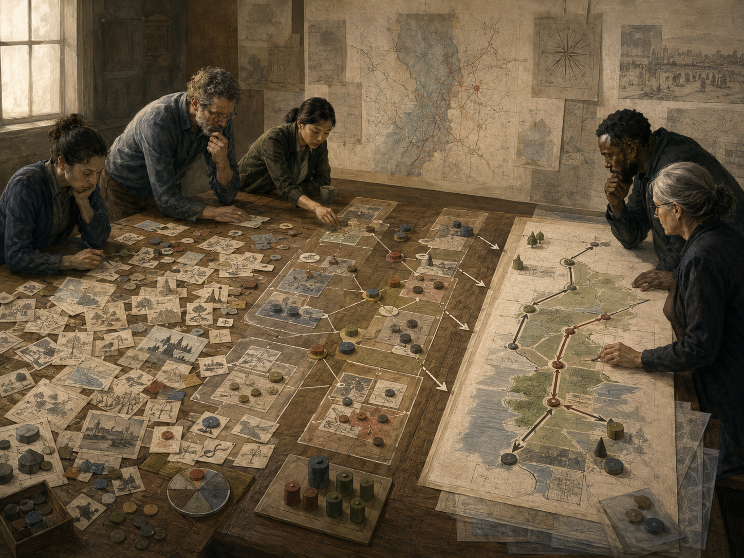 Researchers organize scattered idea cards, tokens, concept fragments, pathway maps, and strategic routes across a large institutional planning table.