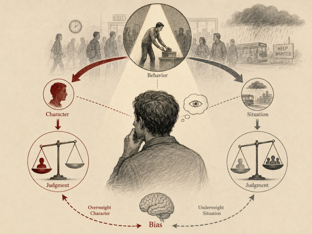 Restrained institutional research illustration showing fundamental attribution error as a social-cognitive bias in which observed behavior is judged mainly through character while situational forces are underweighted.