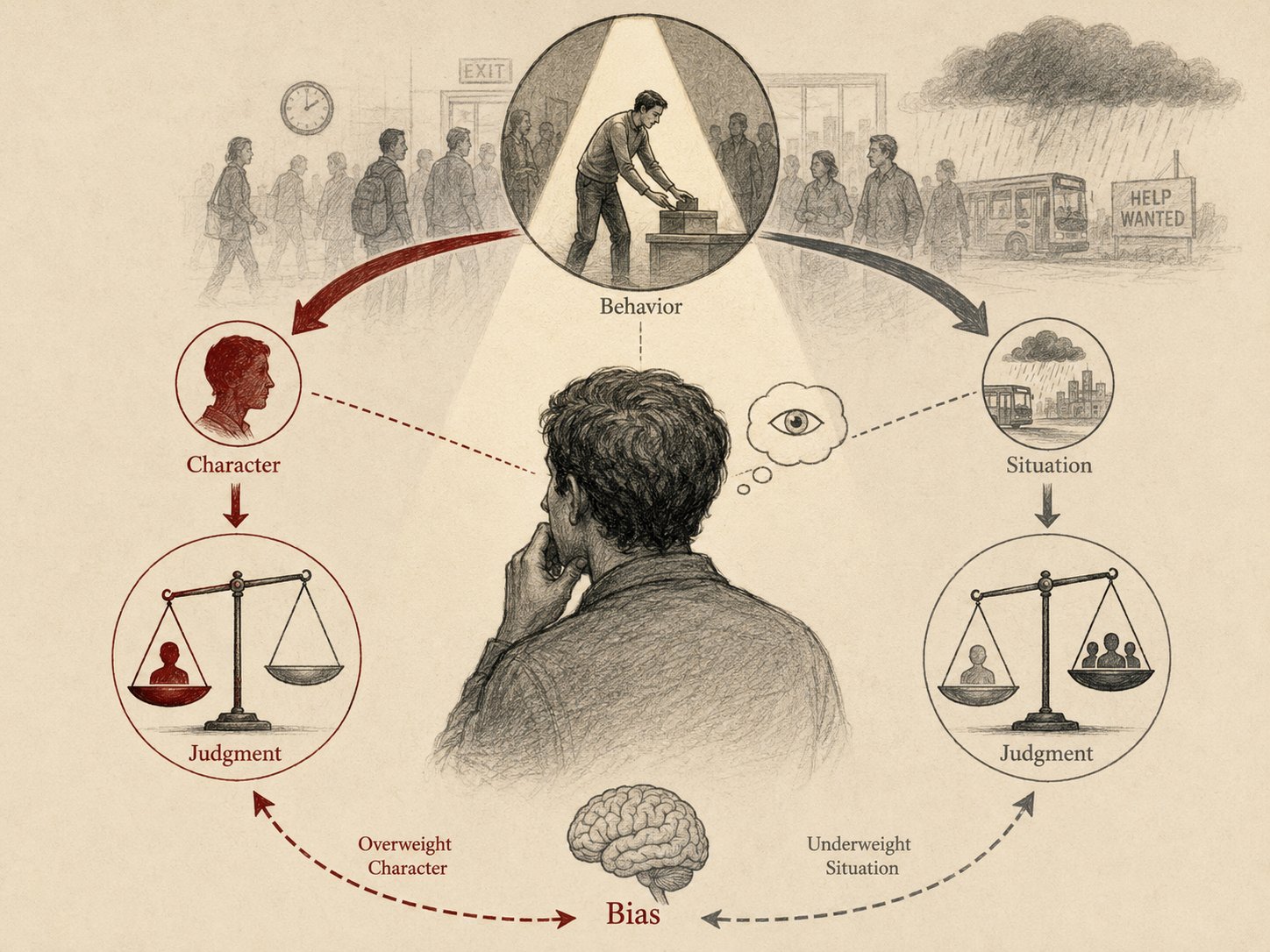 Restrained institutional research illustration showing fundamental attribution error as a social-cognitive bias in which observed behavior is judged mainly through character while situational forces are underweighted.