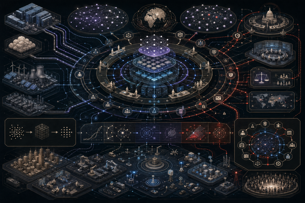 Editorial illustration of future AI systems showing interconnected intelligent nodes, scaling trajectories, distributed compute infrastructure, edge AI, agentic workflows, human oversight, governance checkpoints, institutional networks, systemic-risk pathways, and adaptive sociotechnical system evolution.