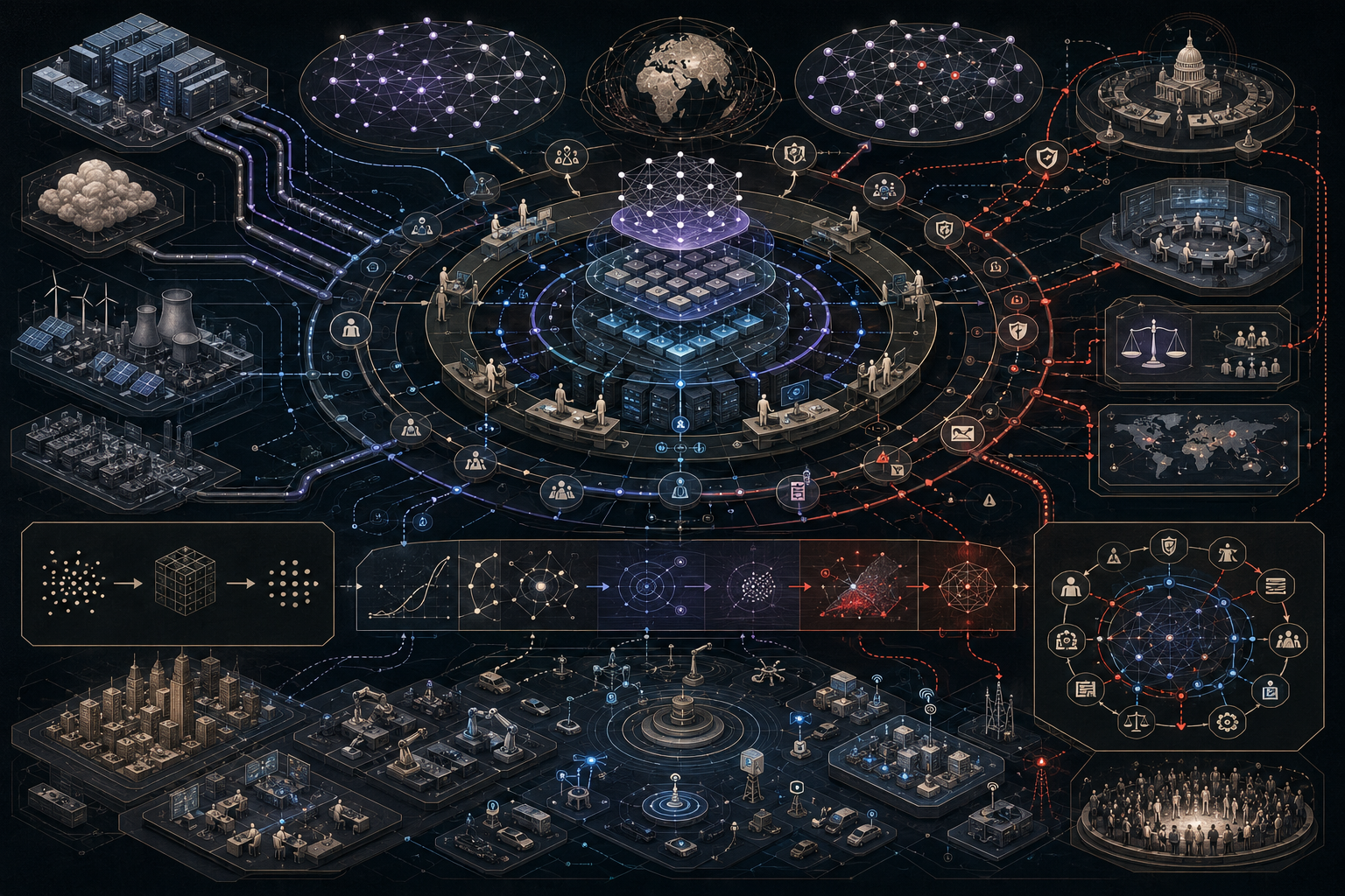 Editorial illustration of future AI systems showing interconnected intelligent nodes, scaling trajectories, distributed compute infrastructure, edge AI, agentic workflows, human oversight, governance checkpoints, institutional networks, systemic-risk pathways, and adaptive sociotechnical system evolution.