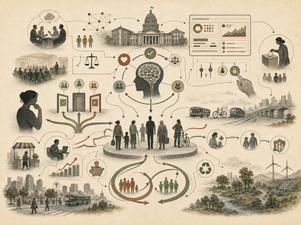 Editorial systems illustration showing behavioral economics applied to governance and public policy through decision pathways, civic institutions, social norms, public services, infrastructure, and feedback loops.