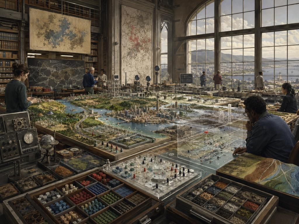 Institutional systems modeling lab with researchers, regional models, transparent simulation structures, analog instruments, sample trays, maps, and large windows overlooking a coastal city.