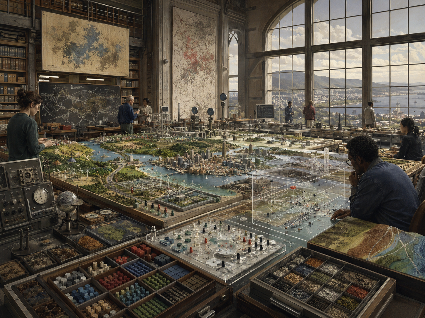 Institutional systems modeling lab with researchers, regional models, transparent simulation structures, analog instruments, sample trays, maps, and large windows overlooking a coastal city.