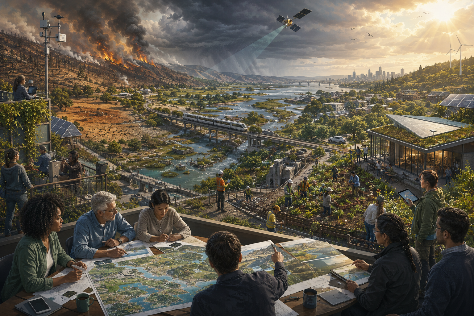 Panoramic illustration of planners and field teams exploring future resilience pathways across a river valley shaped by wildfire, drought, restored wetlands, transit, renewable energy, and monitoring systems.