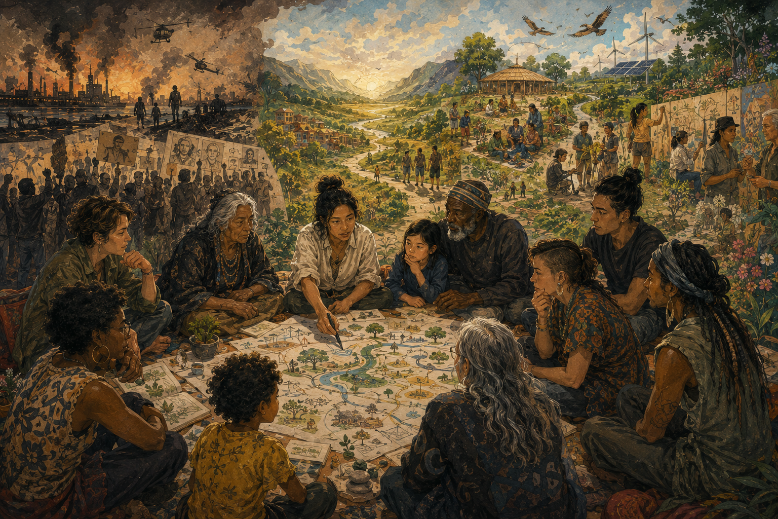 A serious editorial illustration showing future directions in strategic foresight through public institutions, scenario pathways, ecological systems, data signals, civic participation, and adaptive governance.