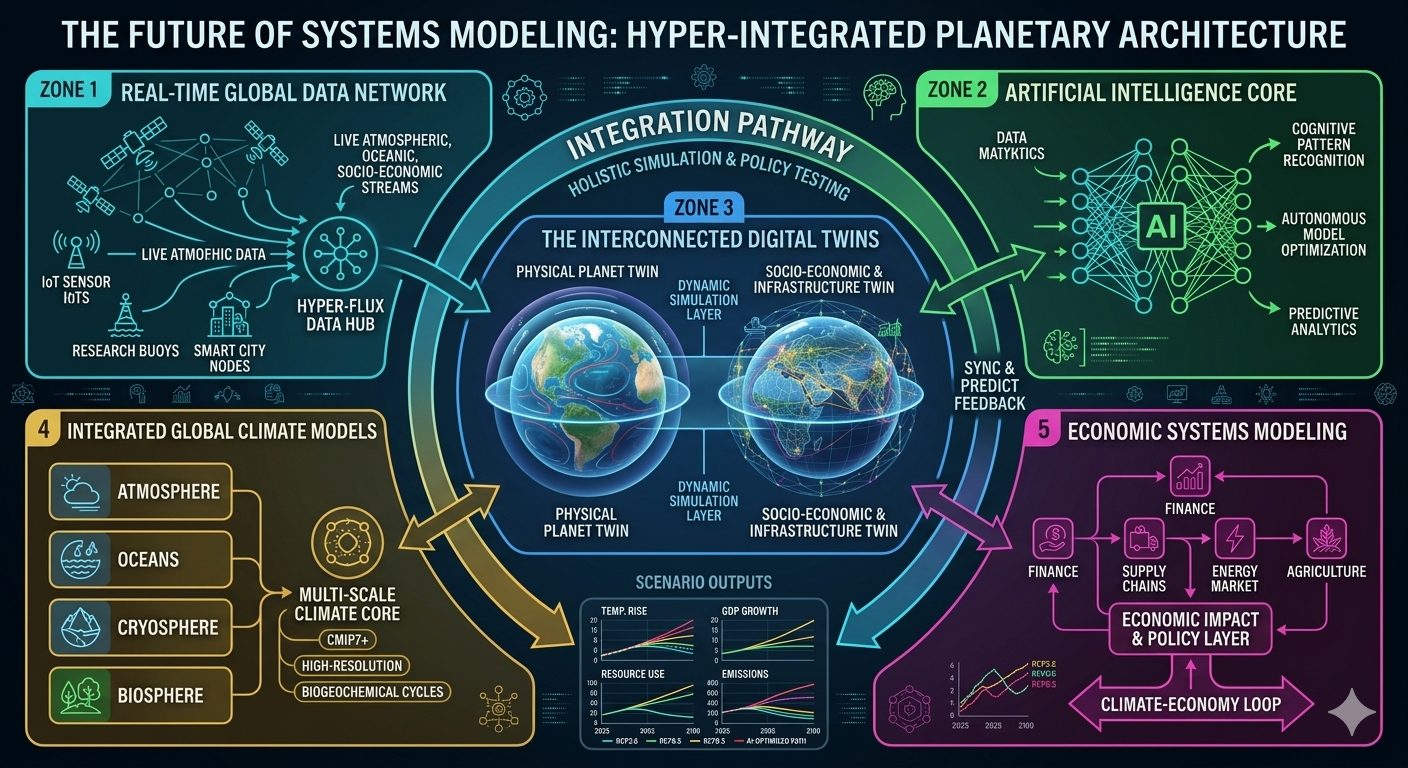 Illustration showing emerging technologies shaping the future of systems modeling including AI, digital twins, and integrated global simulation platforms.