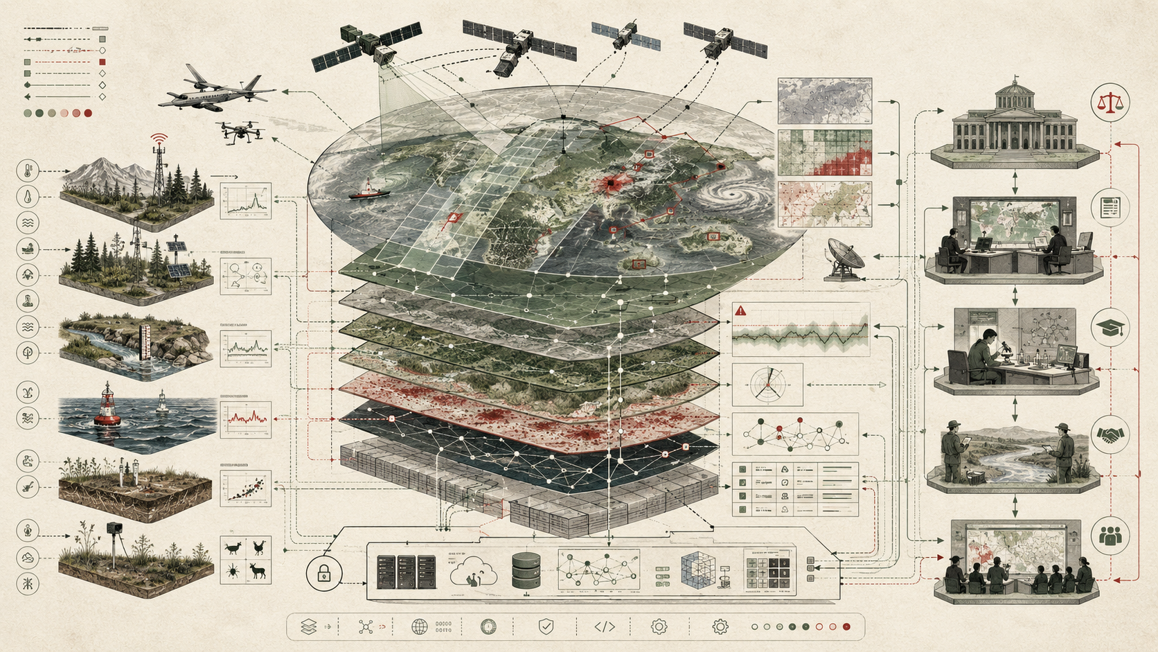Institutional systems-research illustration of future environmental monitoring systems, showing AI, Earth observation, sensor networks, interoperable data platforms, and environmental intelligence connected across atmosphere, water, land, cities, and ecosystems.