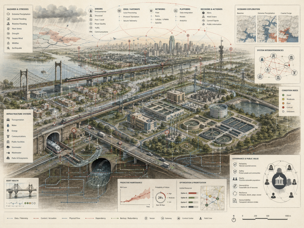 Restrained intelligent infrastructure systems diagram showing transportation, water, energy, communications, stormwater, sensors, AI platforms, resilience pathways, and public value governance.