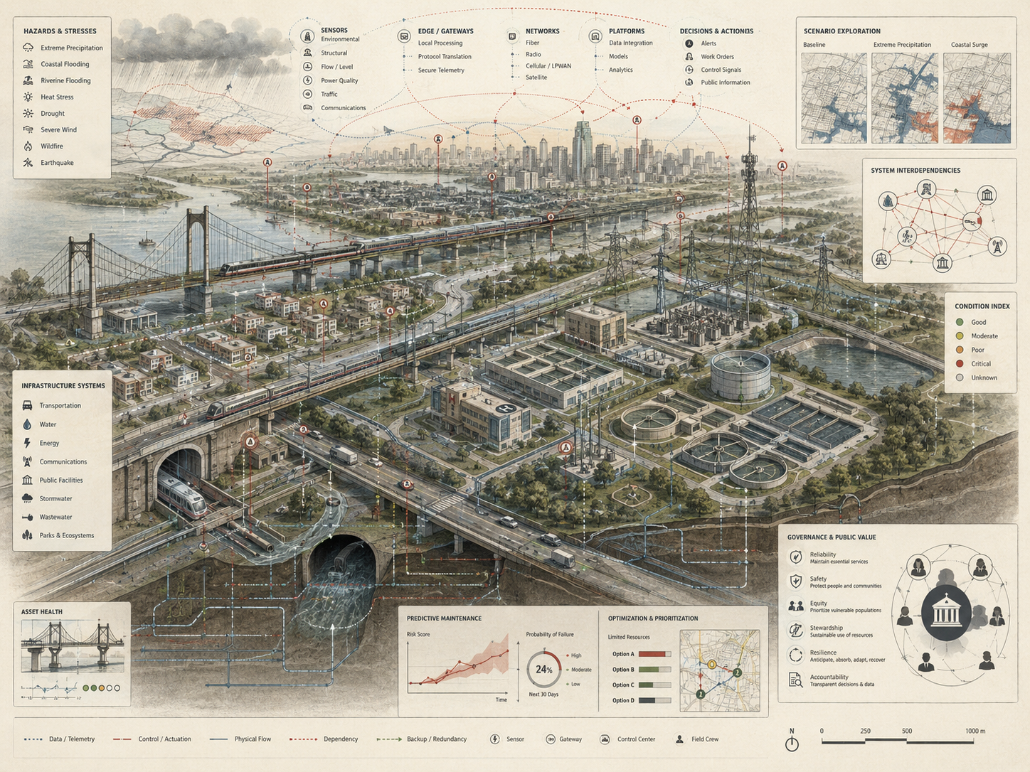 Restrained intelligent infrastructure systems diagram showing transportation, water, energy, communications, stormwater, sensors, AI platforms, resilience pathways, and public value governance.