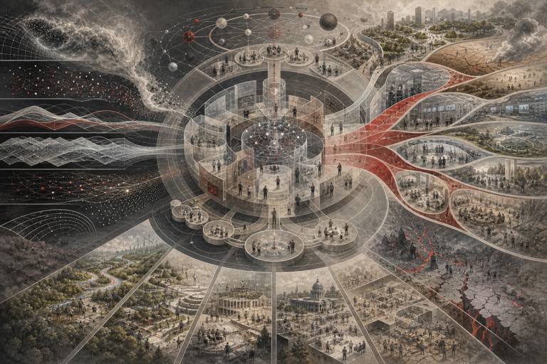 Editorial scientific illustration of futures thinking as an anticipatory reasoning systems architecture, showing branching future pathways, scenario planning, strategic foresight, horizon scanning, weak signals, uncertainty, backcasting, decision readiness, technology foresight, climate futures, institutional adaptation, sustainability transitions, and long-horizon responsibility.