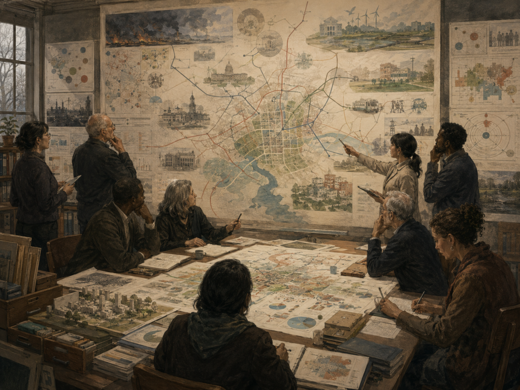 Policy researchers and civic planners examine long-term public policy scenarios across cities, infrastructure, climate risk, governance, and community systems.