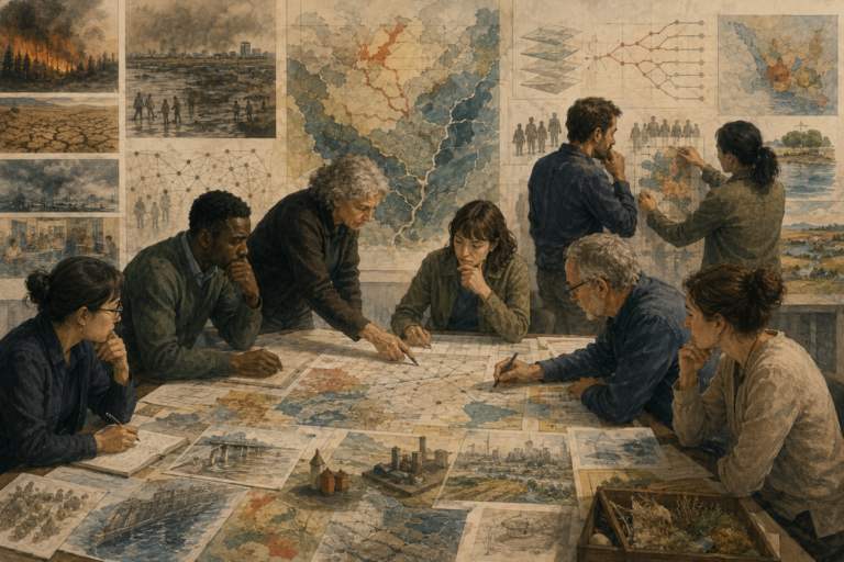 Researchers study systemic risk through paper maps, causal diagrams, climate hazards, infrastructure stress, vulnerability assessments, and future scenarios.