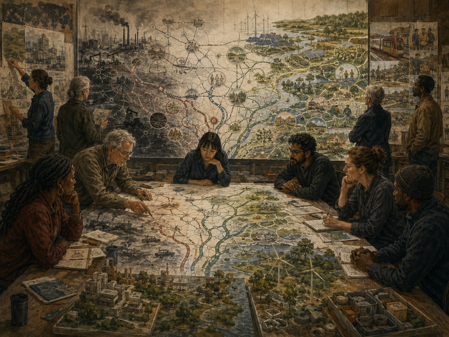 A diverse foresight group maps sustainability futures across pollution, renewable energy, ecological restoration, communities, infrastructure, and long-term systems change.
