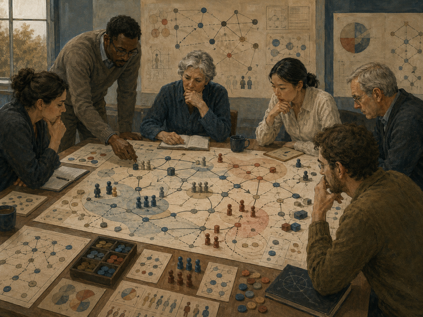 Researchers study a strategic interaction map with players, choices, incentives, payoffs, coalition patterns, and branching decision pathways.